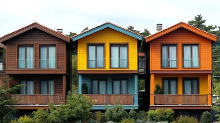 Fototapeta premium Colorful waterfront cottages in a row, with trees and sky in the background. Potential use real estate, vacation rentals