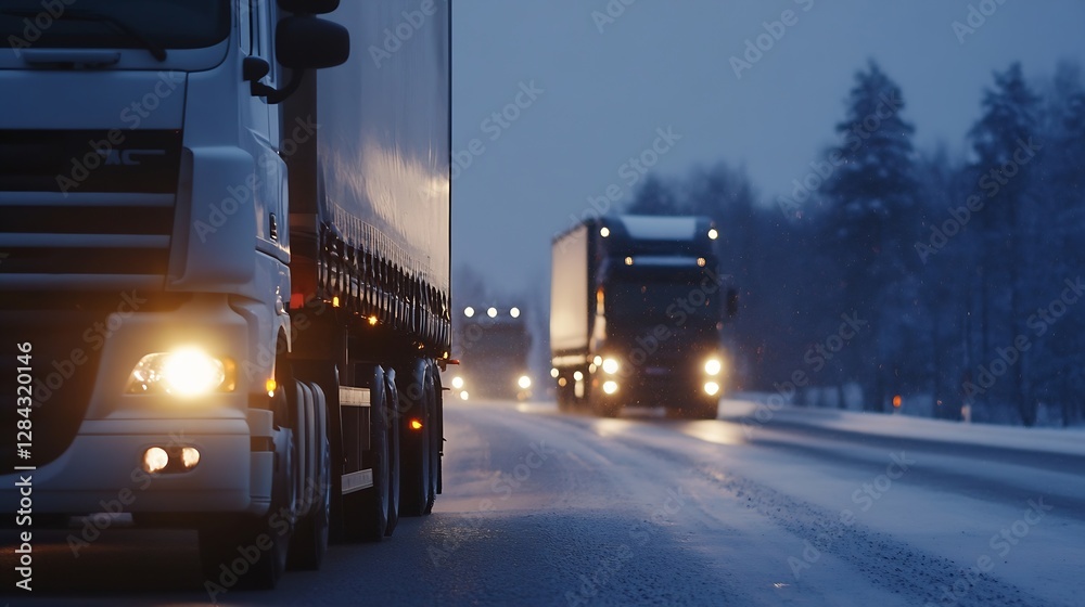 Poster impressive view of trucks navigating a snowy road at night creating a dramatic transportation scene 