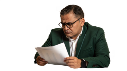Portrait of Serious Businessman Reviewing Documents isolated on a transparent background.