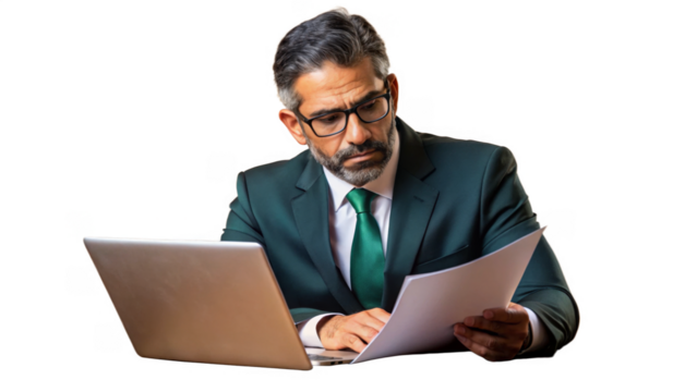 Portrait of Serious Businessman Reviewing Documents isolated on a transparent background.