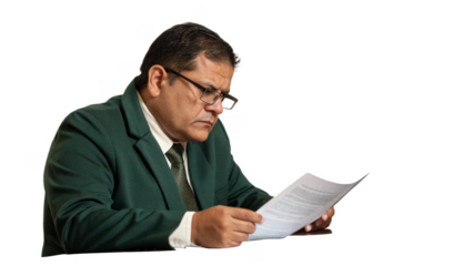 Portrait of Serious Businessman Reviewing Documents isolated on a transparent background.