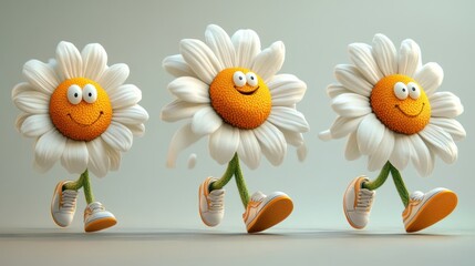 A cheerful chamomile flower character struts confidently in bold retro shoes displaying a playful and colorful personality while looking hilarious