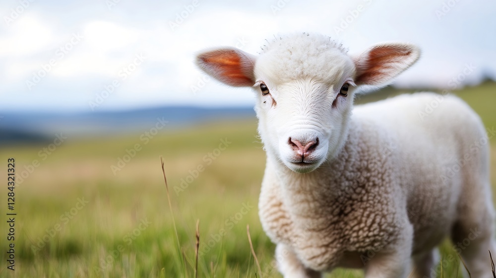 Poster Adorable Young Lamb Exploring a Verdant Field with a Soft Expression and Fluffy Wool Coat : Generative AI
