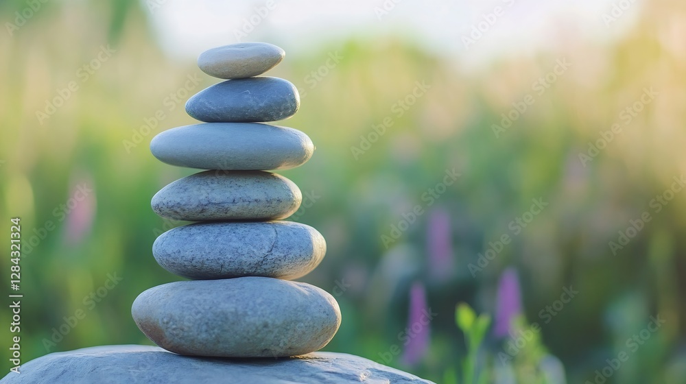 Poster Balanced stone stack on a smooth rock against a soft blurred nature background : Generative AI