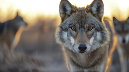 Fototapeta premium Closeup of majestic wild coyote standing alert amidst dry grass at sunset with captivating gaze and fur details : Generative AI