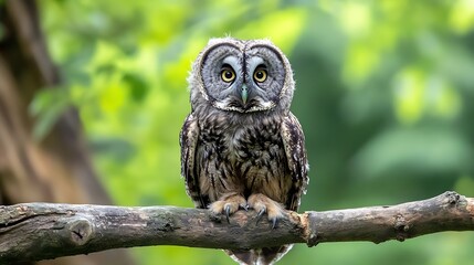 Fototapeta premium Majestic owl perched on a branch with vibrant green foliage in the background showcasing its beauty : Generative AI