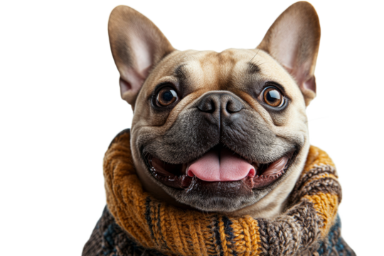 Happy dog wearing cozy sweater for winter warmth