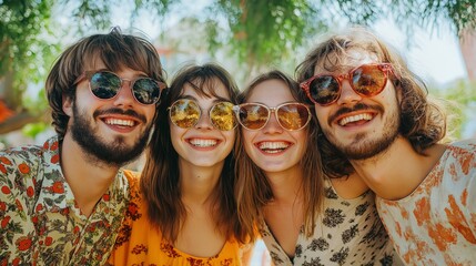 Fototapeta premium Four joyful friends stand close together in a vibrant outdoor setting, their sunglasses reflecting sunlight as they share cheerful smiles. Laughter fills the air during this playful moment