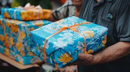 Friends joyfully exchanging elaborately wrapped gag gifts in a fun celebration of humor