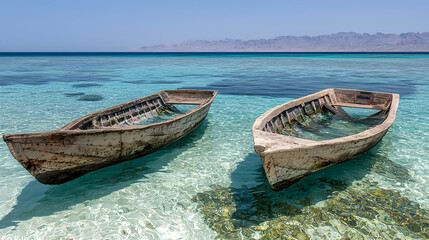 Naklejka premium Two weathered boats in shallow turquoise water, mountainous backdrop, idyllic island scene, travel photography