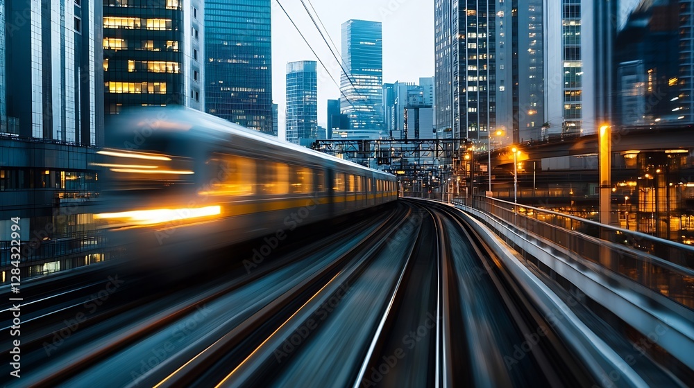 Poster dynamic motion blur of a modern train speeding through a bustling urban landscape at dusk : generati