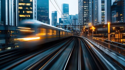 Obraz premium Dynamic motion blur of a modern train speeding through a bustling urban landscape at dusk : Generative AI