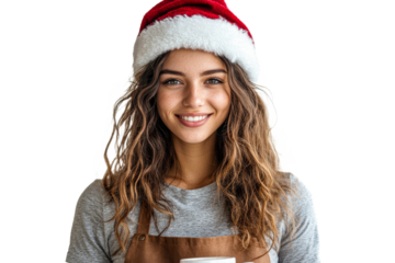 Smiling woman in Christmas hat with coffee
