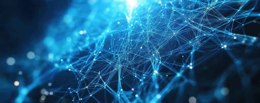 Abstract blue network of glowing digital nodes and lines in technology background