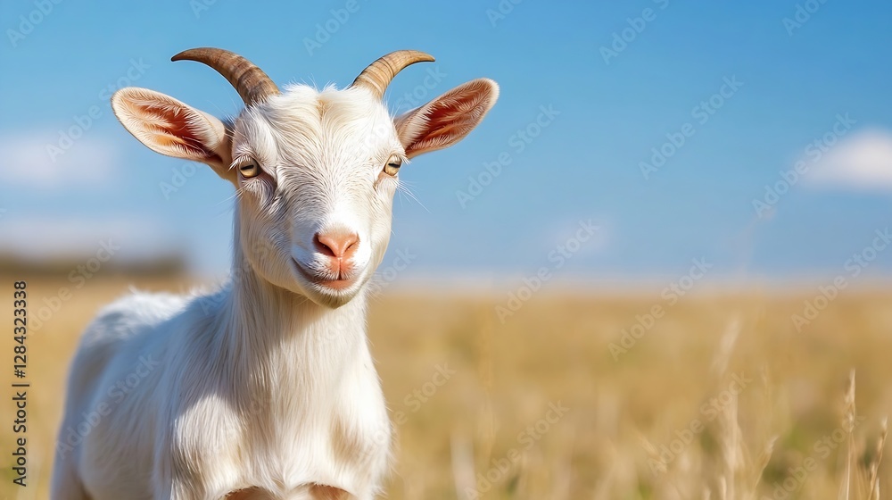Poster cheerful goat enjoying a sunny day on a farm with clear blue sky and green grass in the background :