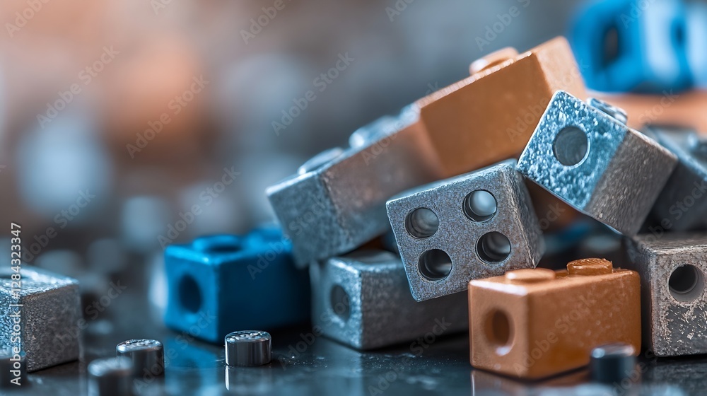 Poster colorful stack of building blocks in blue silver and orange on a dark surface : generative ai