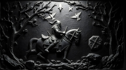 Black bas-relief of a horse and a knight