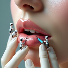 Naklejka premium Surreal Beauty Enhancement Concept, Tiny Cosmetic Engineers Perfecting Glossy Woman’s Lips in Dreamlike 3D Illustration