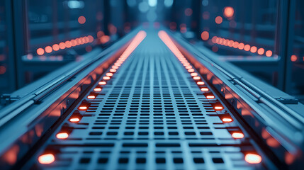 A close-up view of a futuristic data center corridor, featuring illuminated pathways and grid-like structure, emphasizing technology and innovation.