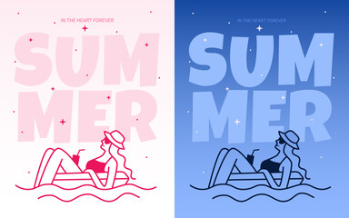 Flat outline illustration of woman in swimsuit. Leisure on water. Summer events poster. Template. Vector illustration