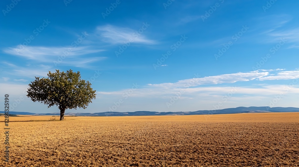 Poster Lone tree standing in a vast field under a clear blue sky with distant hills : Generative AI