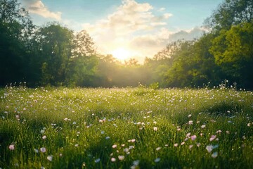 Morning sunlight illuminates a tranquil meadow filled with blooming wildflowers and dewdrops