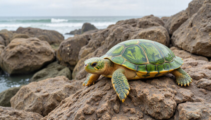 Green turtle resting on rocky shore
