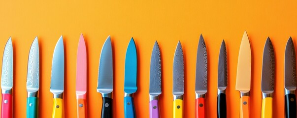 Fototapeta premium Colorful kitchen knives aligned on vibrant orange background in artistic display