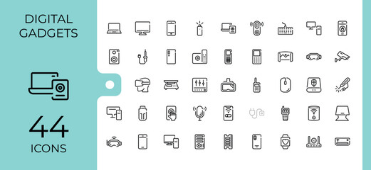 Electronic Devices line icon. Containing watch, screen, notebook, web, digital, desktop, phone and more. Thin icon. Editable stroke. Vector illustration.