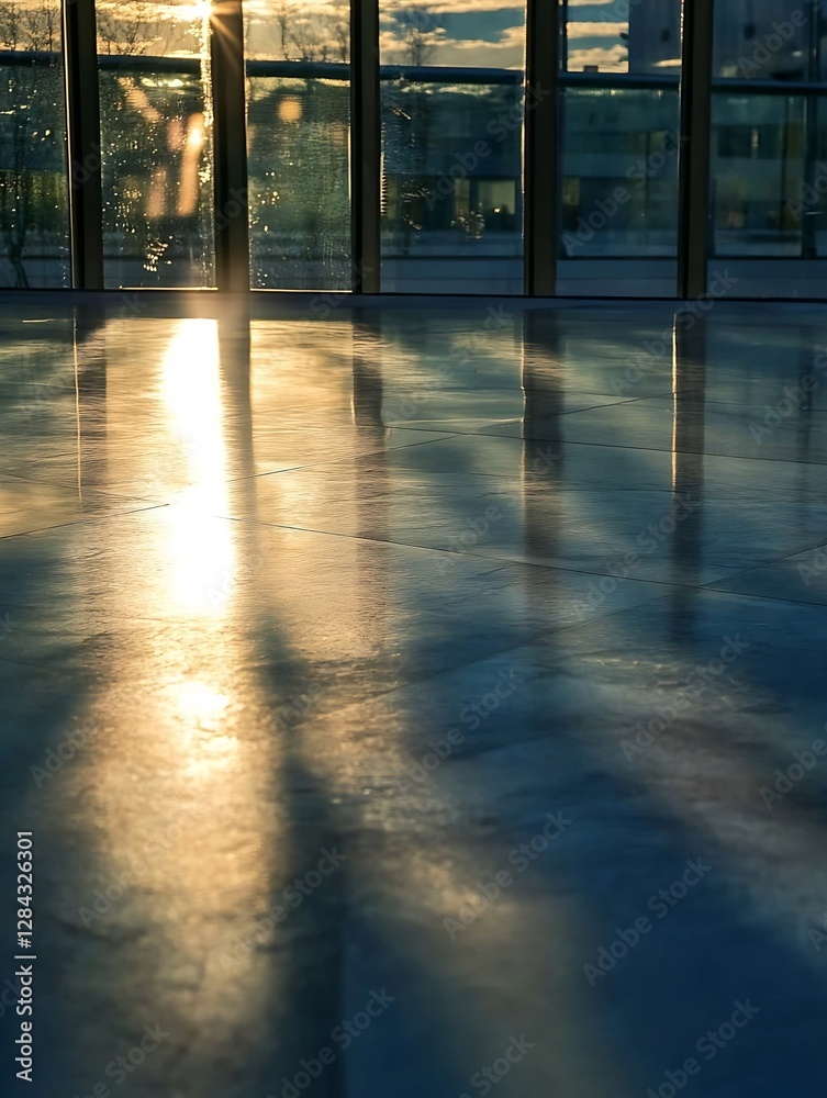 Fototapete a bright and reflective scene showcasing sun rays streaming across a polished floor with beautiful s