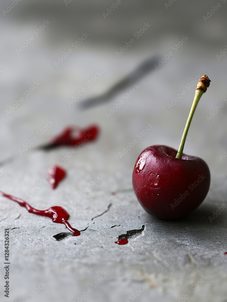 Poster single ripe cherry with drops of water on a textured surface beside spilled juice : generative ai