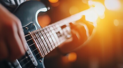 Fototapeta premium Close up of musician playing electric guitar with warm light creating an energetic atmosphere : Generative AI