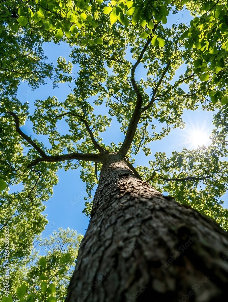 Poster majestic view of tall tree reaching towards the blue sky illuminated by sunlight during sunny day : 