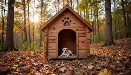 Labrador retriever relaxing in dog house on autumn day