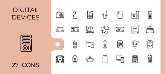 Electronic Devices line icon. Containing watch, screen, notebook, web, digital, desktop, phone and more. Thin icon. Editable stroke. Vector illustration.
