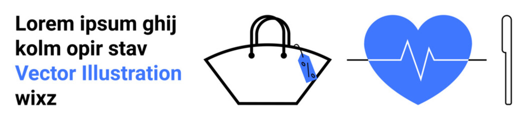 Modern composition featuring a handbag, heartbeat with ECG line, and pen. Ideal for fashion, medical care, lifestyle, branding, ecommerce health tracking and tech advertisements. Flat landing page