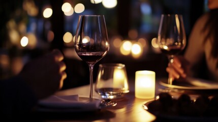 Moderate drinking at an intimate restaurant with candlelight. Featuring romance and fine dining