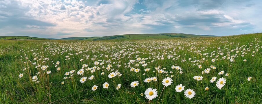 Vast field of blooming daisies under a cloudy sky on rolling hills landscape