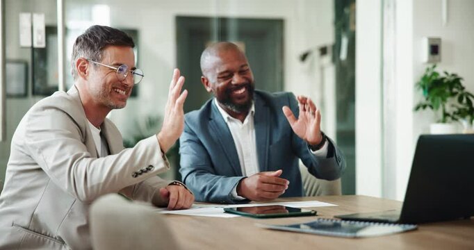 Laughing, wave and video call for business people, meeting and happy for feedback in office and online. Digital, greeting and funny joke for virtual conference with laptop, smile and accountant