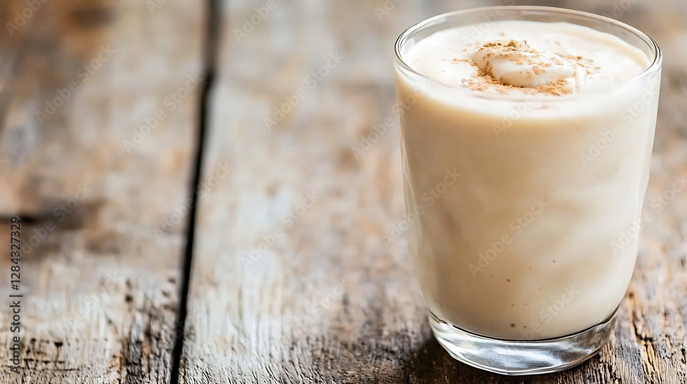Poster delicious creamy milkshake in a glass topped with a sprinkle served on a rustic wooden table : gener