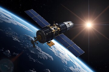 Fototapeta premium Satellite Orbiting Earth Solar Panels Spacecraft Technology Sunrise Planet Cosmic Exploration