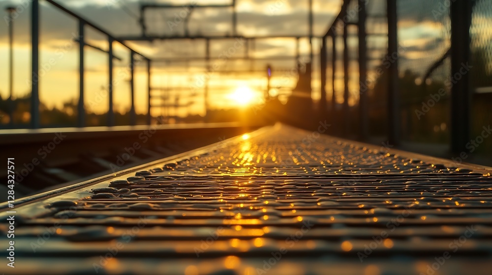 Poster low angle view of train station platform glowing in the sunset : generative ai