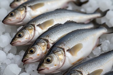 Fototapeta premium Freshly Caught Sea Bass on Ice Close up View of Multiple Fish at Market