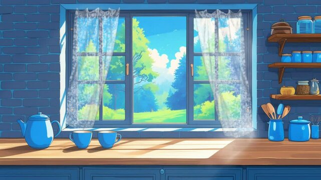 Seamless Looping 4K Time-Lapse Virtual Video Animation Background of a Cozy Kitchen with a Scenic Window View, Blue Teapots, Wooden Counter, and Sunlit Curtains Creating a Warm and Peaceful Atmosphere