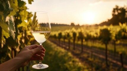 Moderate drinking at an open-air vineyard during sunset. Featuring nature and elegance