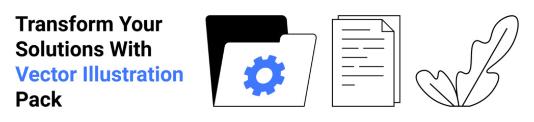 Folder with gear, file representing documents, and leaf symbol for creativity. Ideal for management, organization, technology, efficiency, sustainability, productivity flat landing page banner