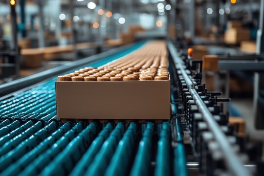 Conveyor belt transports packaged goods in a busy warehouse during the day