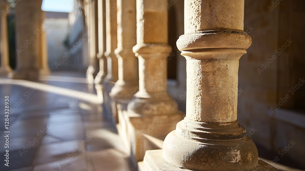 Poster Beautifully Crafted Stone Columns Bathed in Warm Natural Light in an Ancient Architecture Setting : Generative AI