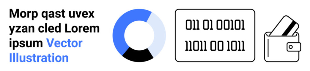 Donut chart in blue and black, binary coded numbers, wallet with credit card. Ideal for fintech, digital payments, data analysis, finance management, tech solutions, cyber security coding concepts