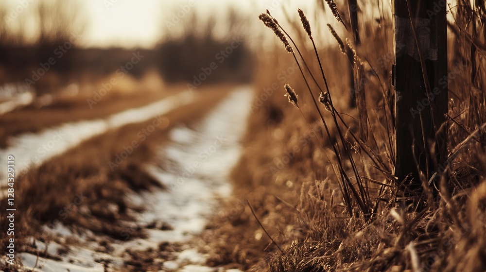 Poster Serene pathway lined with tall grasses leading to tranquil fields capturing tranquil rural ambiance : Generative AI